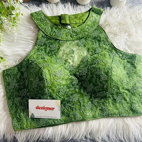 Green Halter Neck Heavy Thread Work Net Blouse