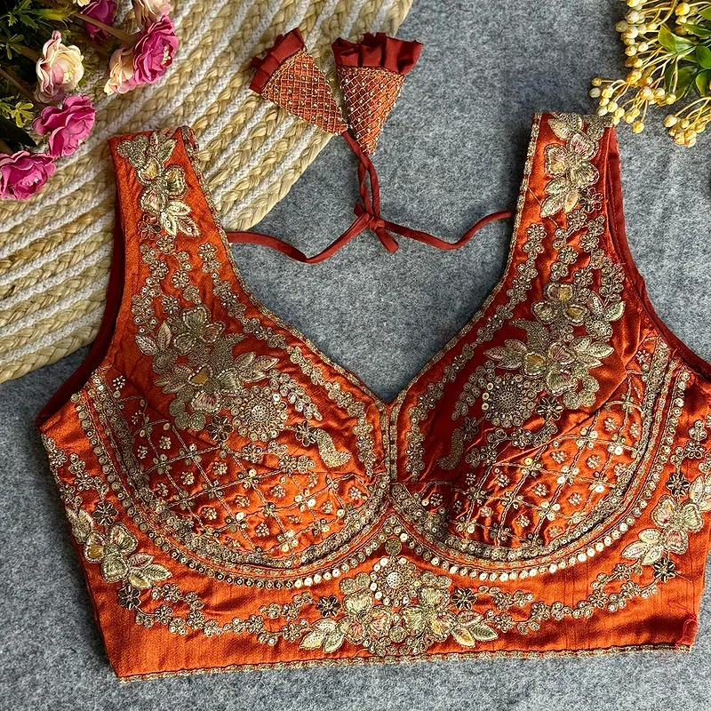 Copper Color Sabyasachi Neck Bridal Blouse with Heavy Stars & Beads Work