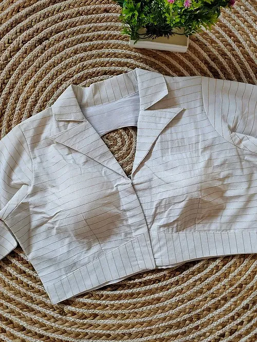 White Pure Cotton Long Puff Sleeves Front Open Blouse