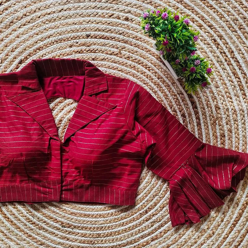 Maroon Pure Cotton Long Puff Sleeves Front Open Blouse