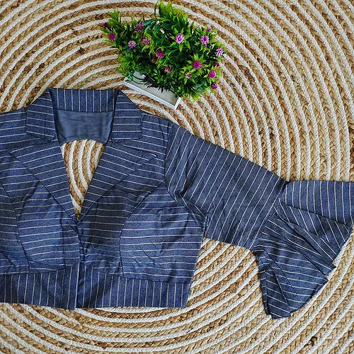 Blue Pure Cotton Long Puff Sleeves Front Open Blouse