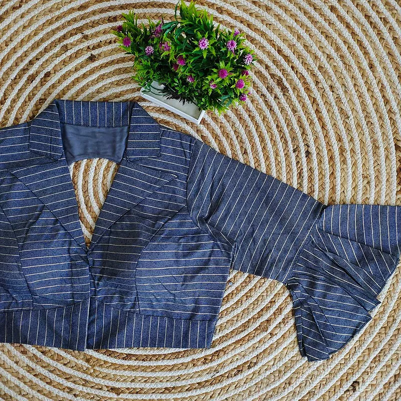 Blue Pure Cotton Long Puff Sleeves Front Open Blouse