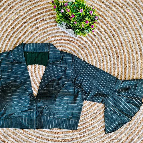 Green Pure Cotton Long Puff Sleeves Front Open Blouse