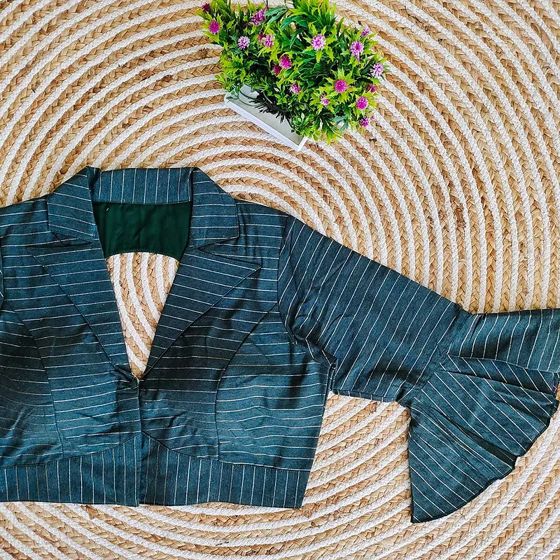 Green Pure Cotton Long Puff Sleeves Front Open Blouse