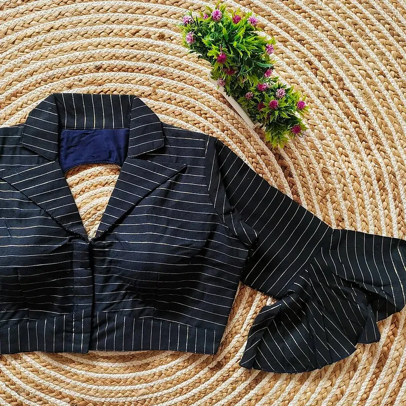 Black Pure Cotton Long Puff Sleeves Front Open Blouse