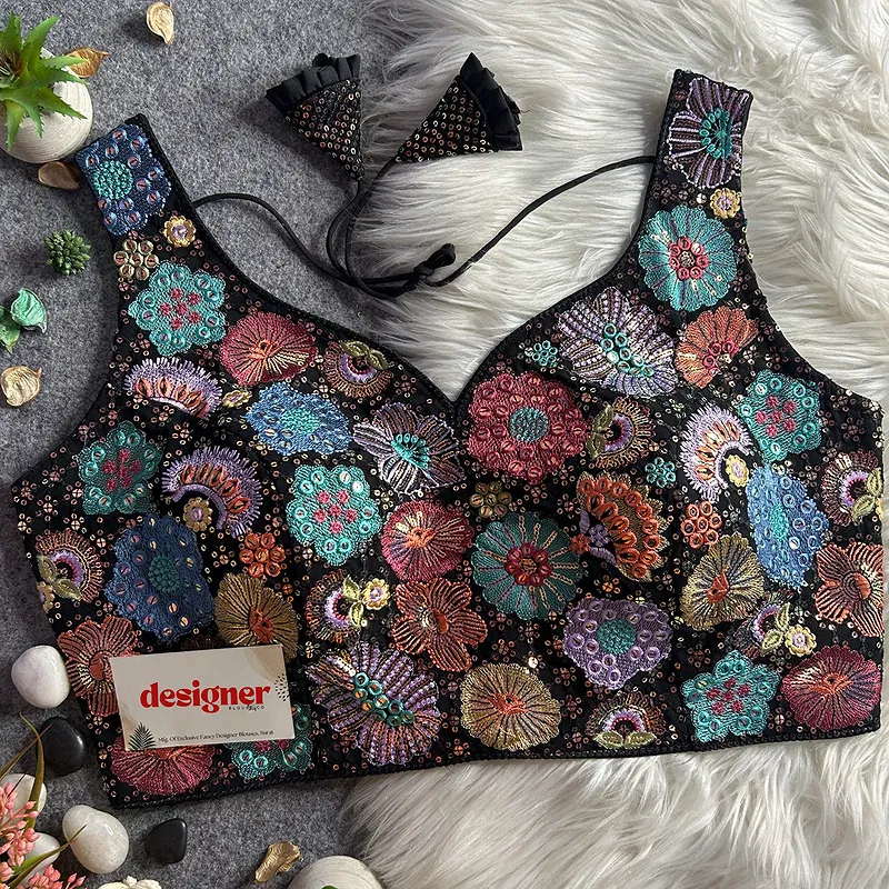 Black Royal Heavy Multi-Thread & Sequin Embroidery Georgette Blouse