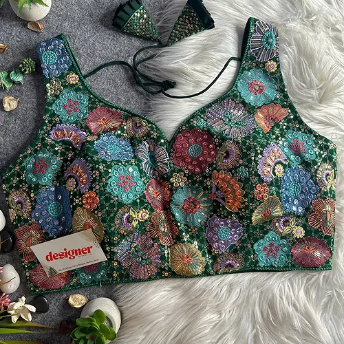 Green Royal Heavy Multi-Thread & Sequin Embroidery Georgette Blouse