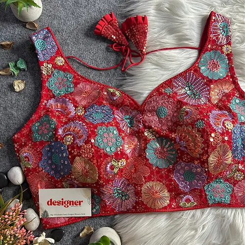 Red Royal Heavy Multi-Thread & Sequin Embroidery Georgette Blouse