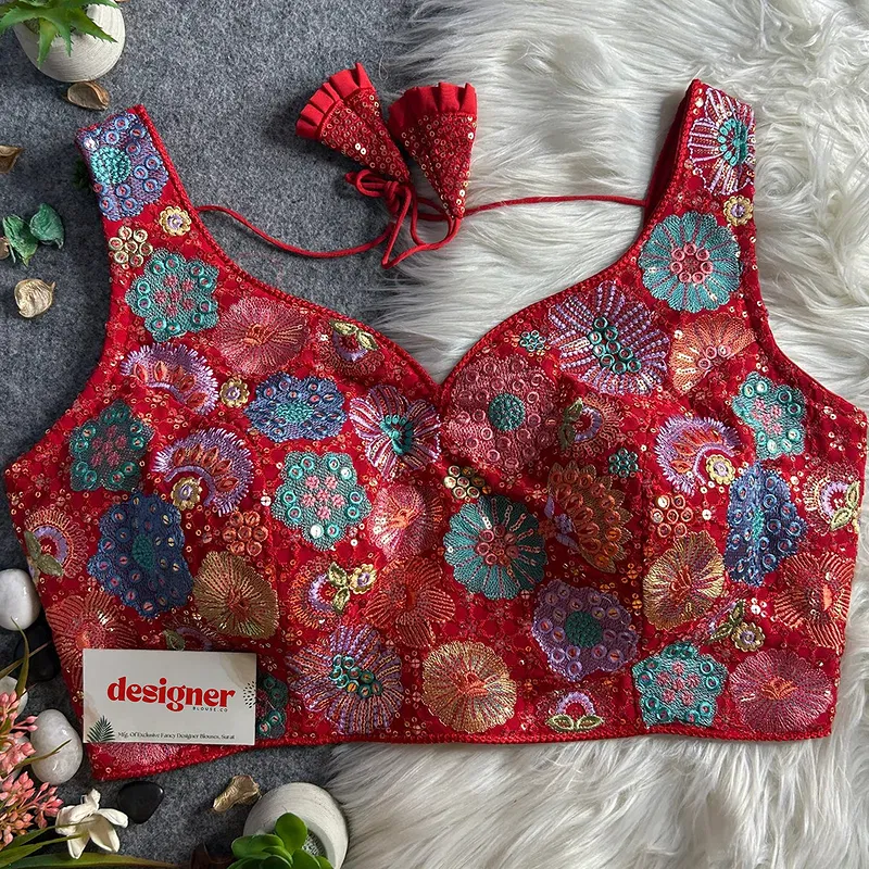 Red Royal Heavy Multi-Thread & Sequin Embroidery Georgette Blouse