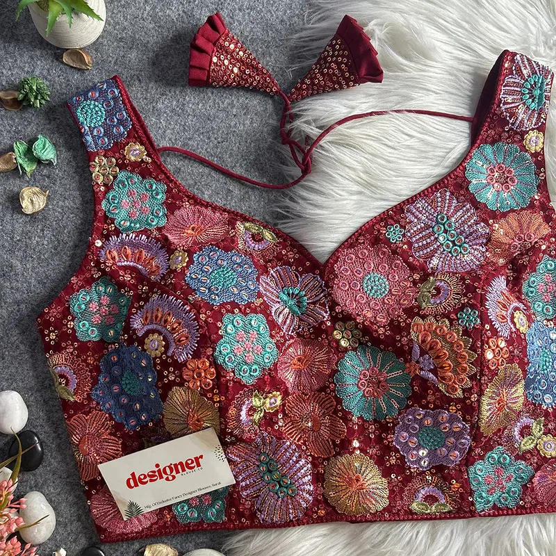 Maroon Royal Heavy Multi-Thread & Sequin Embroidery Georgette Blouse
