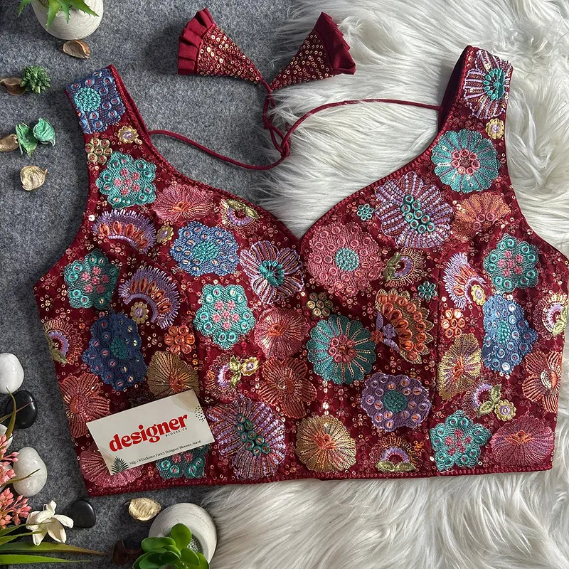 Maroon Royal Heavy Multi-Thread & Sequin Embroidery Georgette Blouse