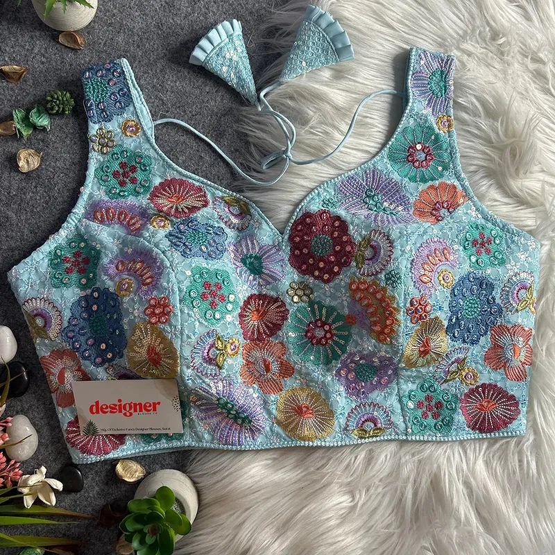 Sky Royal Heavy Multi-Thread & Sequin Embroidery Georgette Blouse