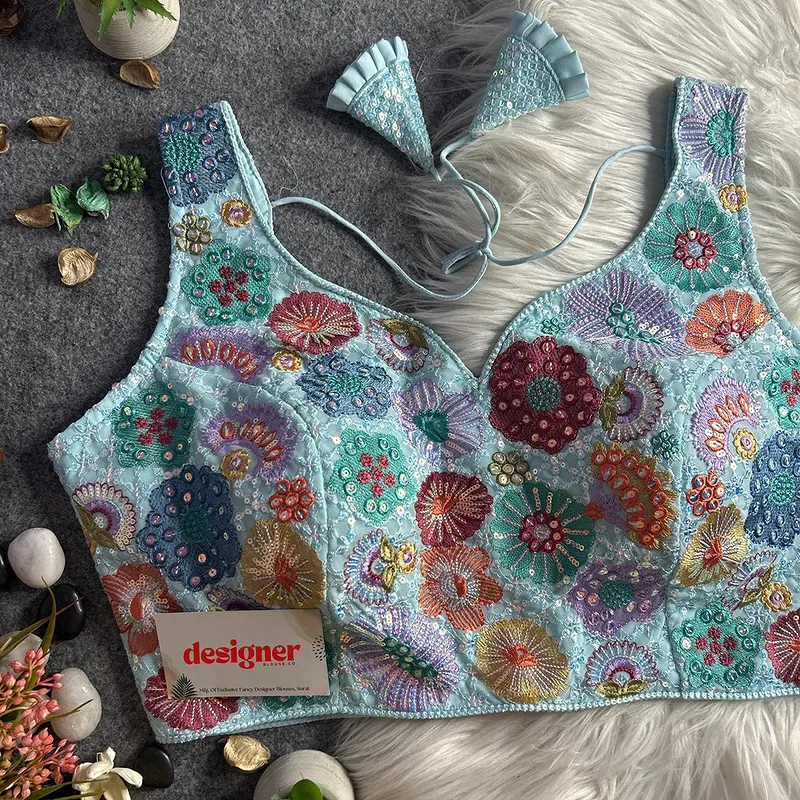 Sky Royal Heavy Multi-Thread & Sequin Embroidery Georgette Blouse