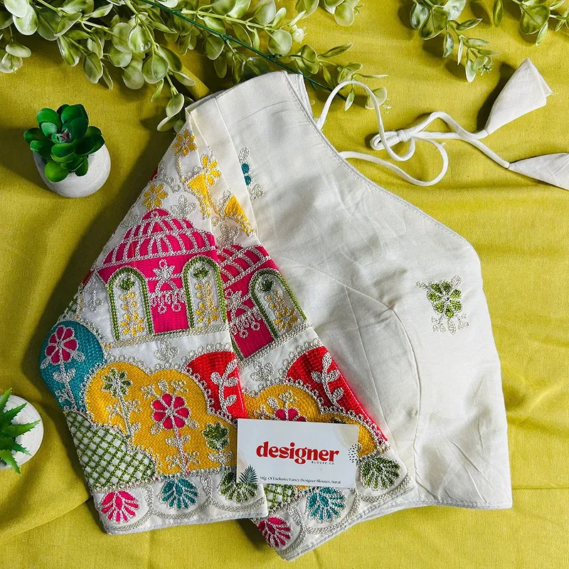 White Heavy Thread Embroidery Work 15+ Inch Sleeves Designer Khadi Blouse