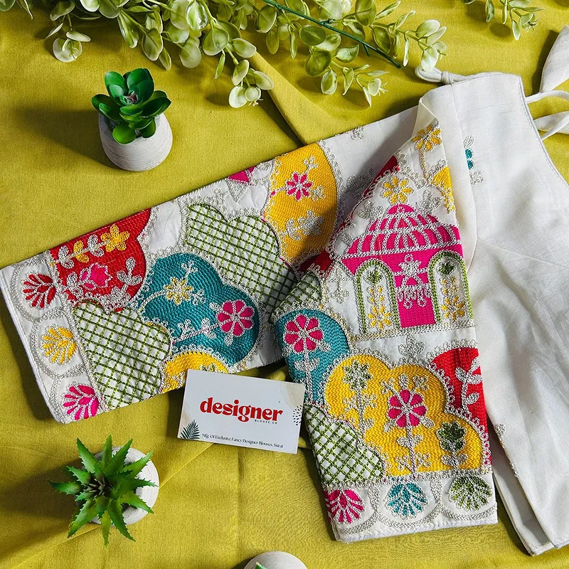 White Heavy Thread Embroidery Work 15+ Inch Sleeves Designer Khadi Blouse