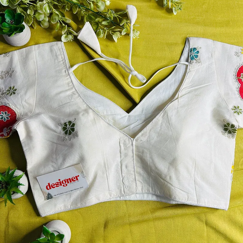 White Heavy Thread Embroidery Work 15+ Inch Sleeves Designer Khadi Blouse