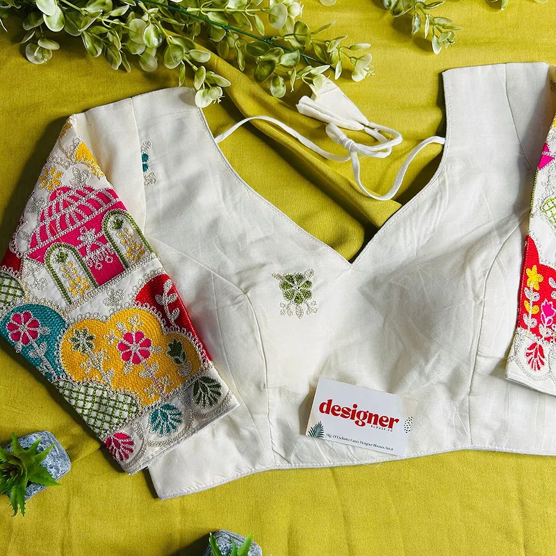 White Heavy Thread Embroidery Work 15+ Inch Sleeves Designer Khadi Blouse