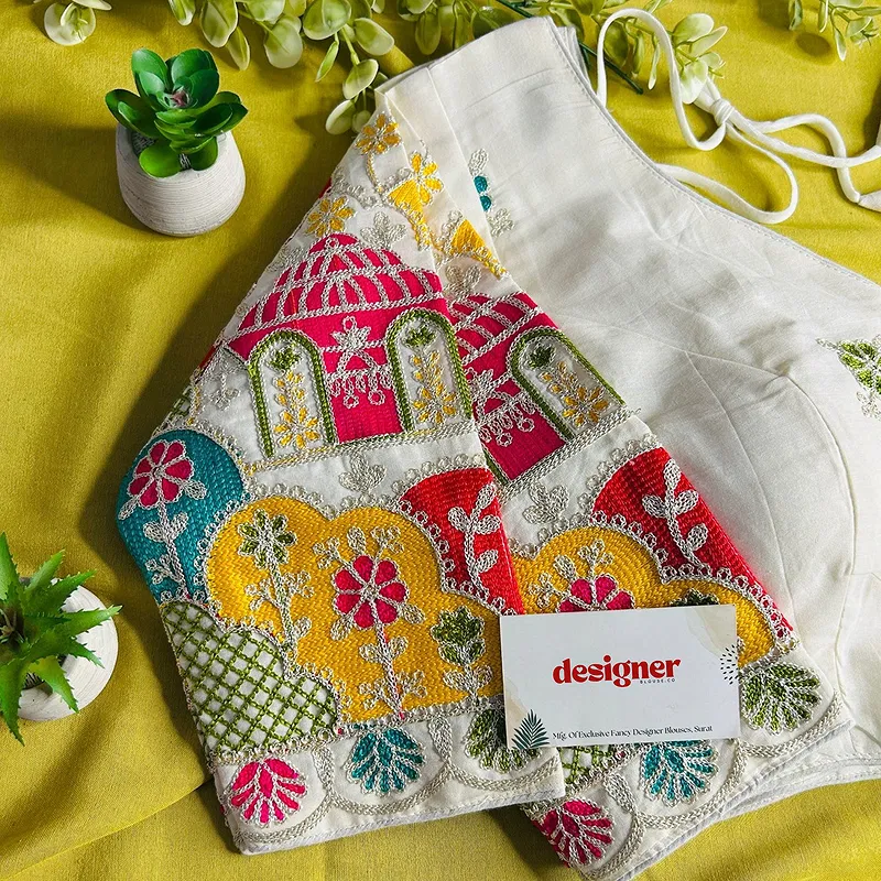 White Heavy Thread Embroidery Work 15+ Inch Sleeves Designer Khadi Blouse