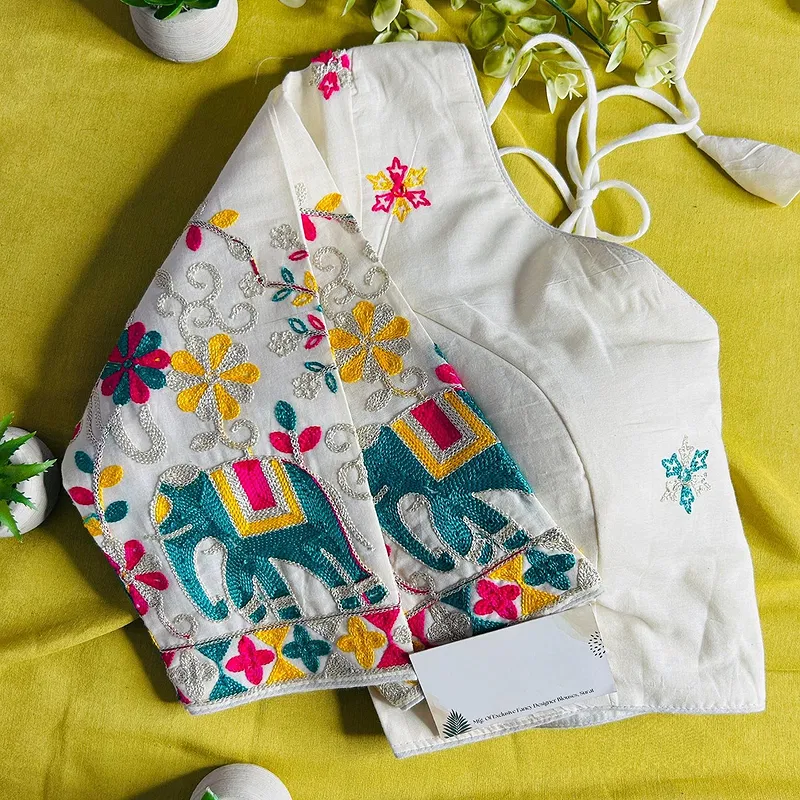 White Heavy Thread Embroidery Work 15+ Inch Sleeves Designer Khadi Blouse