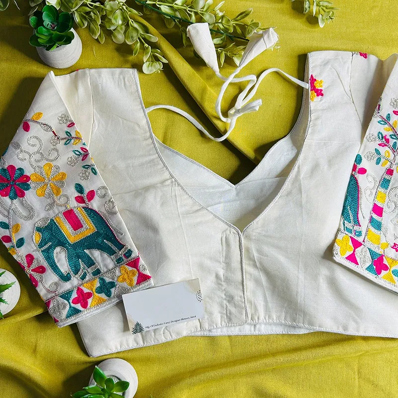 White Heavy Thread Embroidery Work 15+ Inch Sleeves Designer Khadi Blouse
