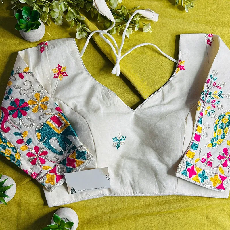 White Heavy Thread Embroidery Work 15+ Inch Sleeves Designer Khadi Blouse