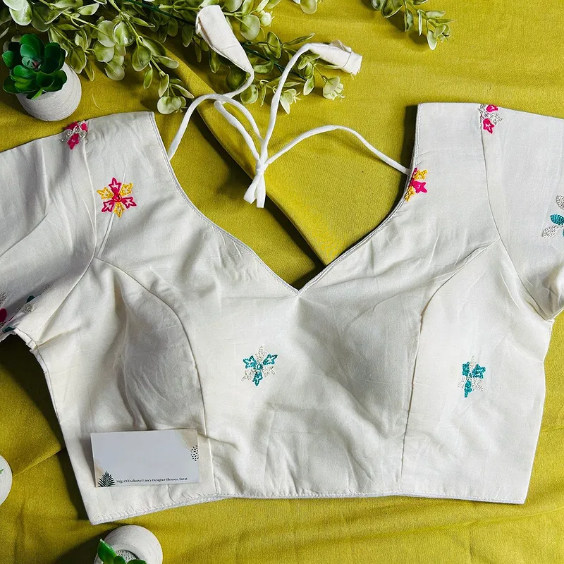 White Heavy Thread Embroidery Work 15+ Inch Sleeves Designer Khadi Blouse