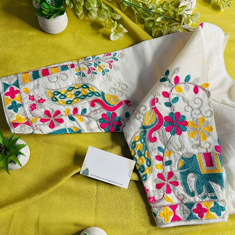 White Heavy Thread Embroidery Work 15+ Inch Sleeves Designer Khadi Blouse