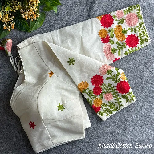 White Heavy Thread Embroidery Work 15+ Inch Sleeves Designer Khadi Blouse