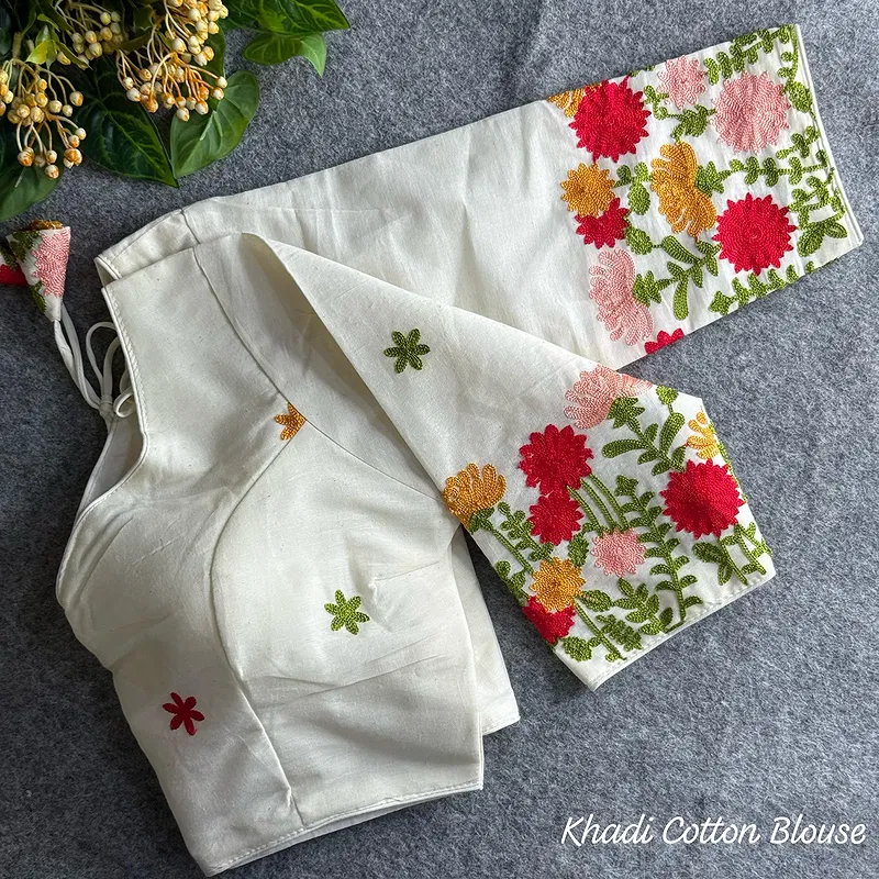 White Heavy Thread Embroidery Work 15+ Inch Sleeves Designer Khadi Blouse