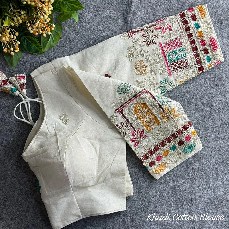 White Heavy Thread Embroidery Work 15+ Inch Sleeves Designer Khadi Blouse