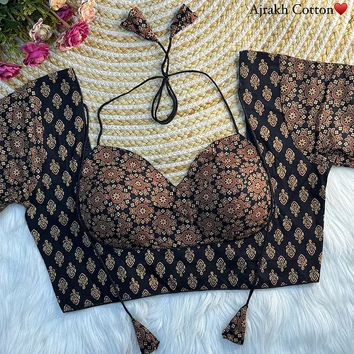 Black Color Original Ajrakh Cotton Halter Neck Blouse – Pure Cotton Print