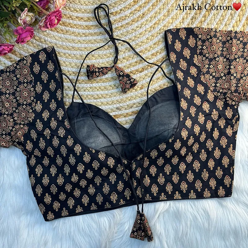Black Color Original Ajrakh Cotton Halter Neck Blouse – Pure Cotton Print