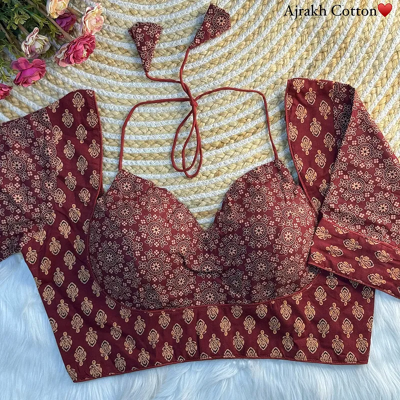 Maroon Color Original Ajrakh Cotton Halter Neck Blouse – Pure Cotton Print