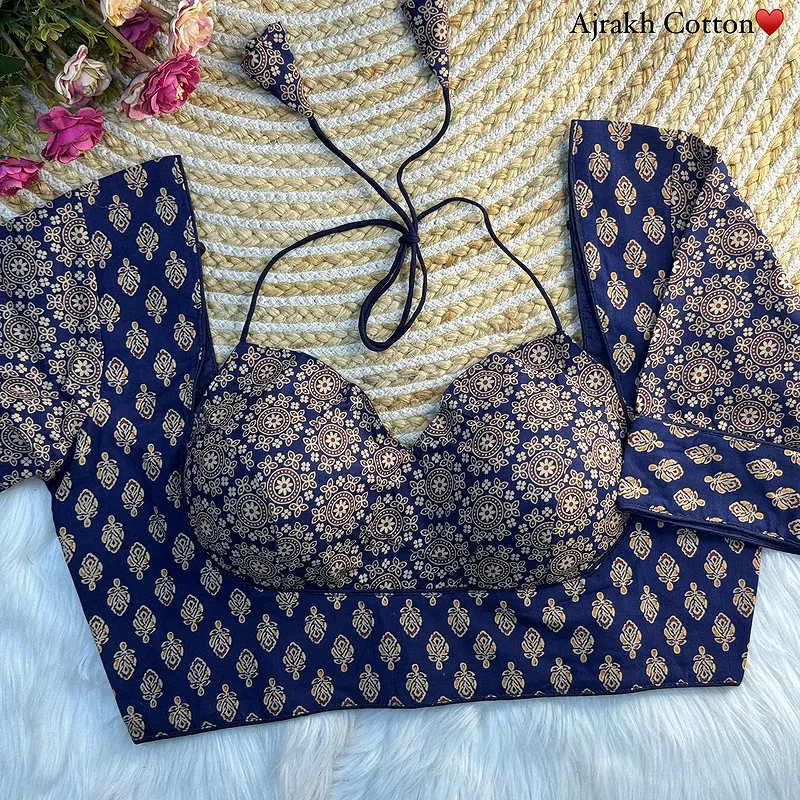 Navy Blue Color Original Ajrakh Cotton Halter Neck Blouse – Pure Cotton Print