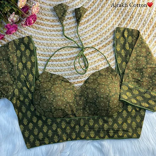 Mehndi Color Original Ajrakh Cotton Halter Neck Blouse – Pure Cotton Print