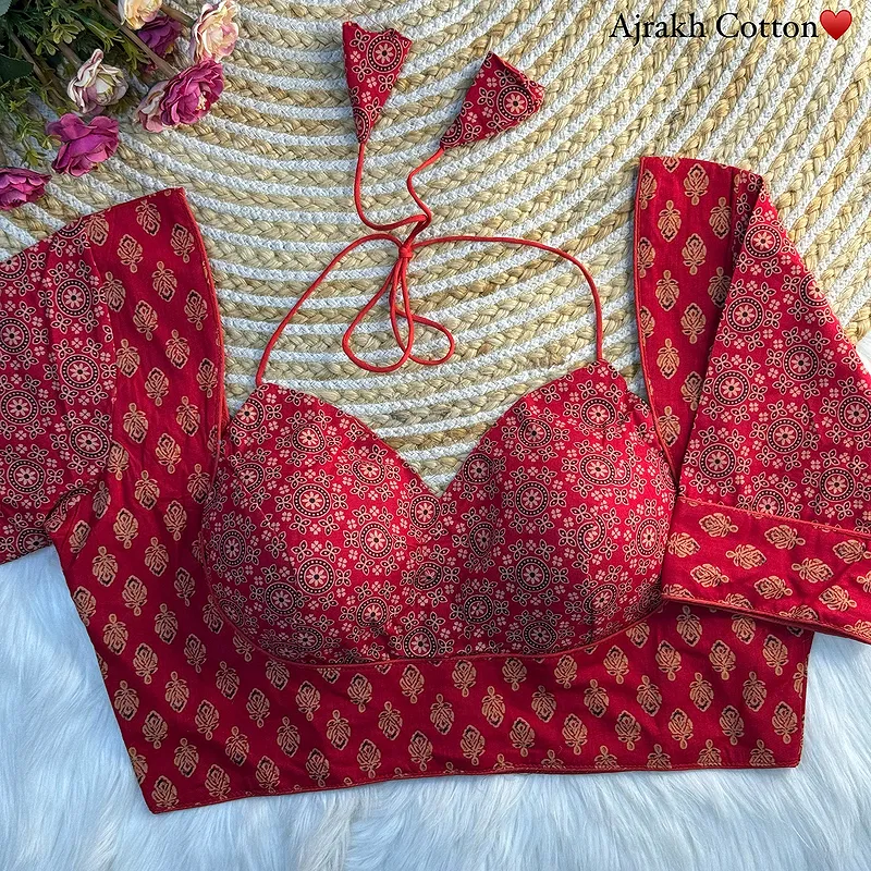 Red Color Original Ajrakh Cotton Halter Neck Blouse – Pure Cotton Print