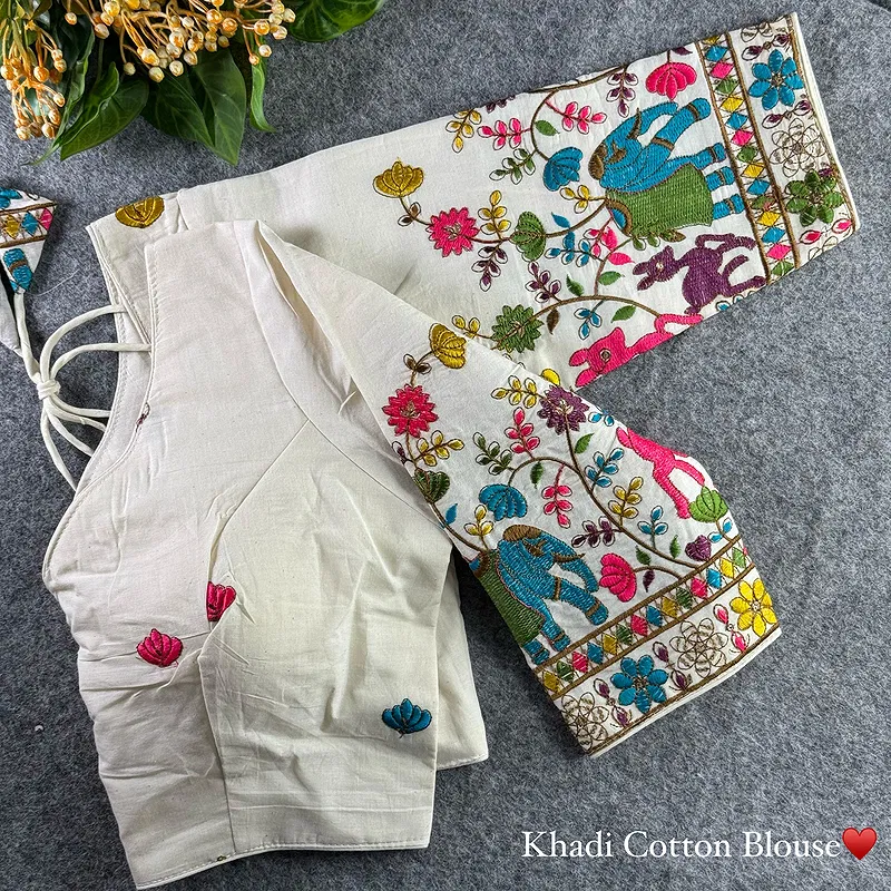 White Heavy Thread Embroidery Work 15+ Inch Sleeves Designer Khadi Blouse