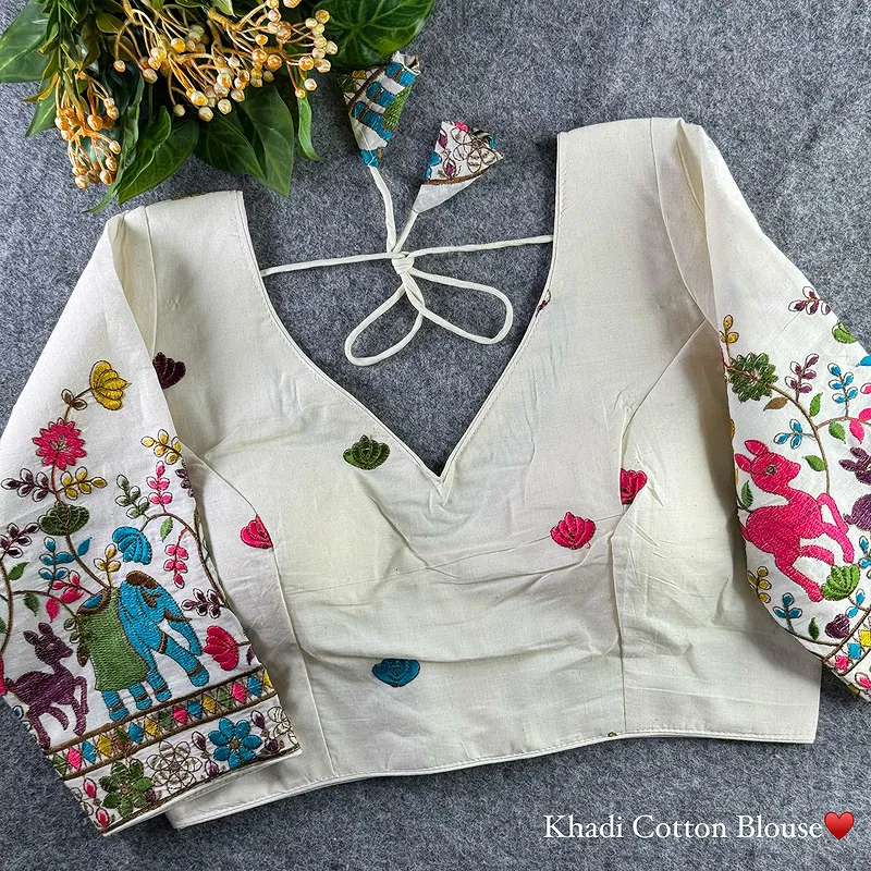 White Heavy Thread Embroidery Work 15+ Inch Sleeves Designer Khadi Blouse