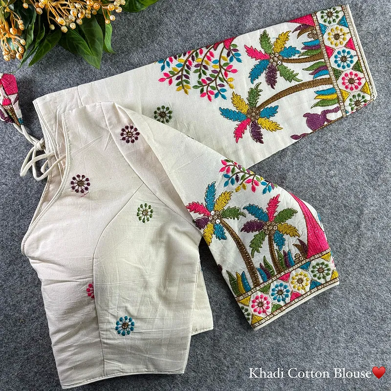 White Heavy Thread Embroidery Work 15+ Inch Sleeves Designer Khadi Blouse