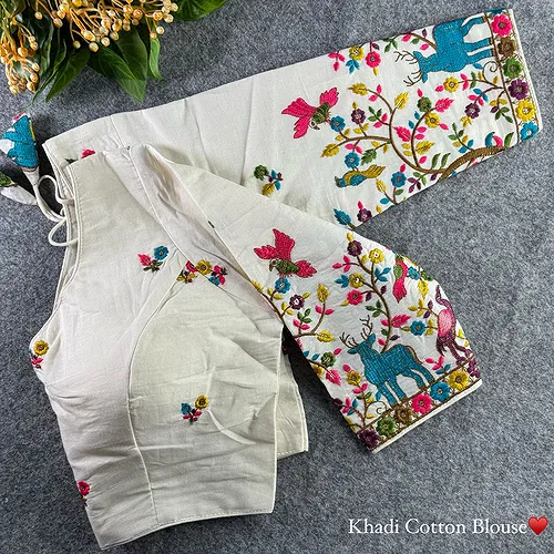 White Heavy Thread Embroidery Work 15+ Inch Sleeves Designer Khadi Blouse