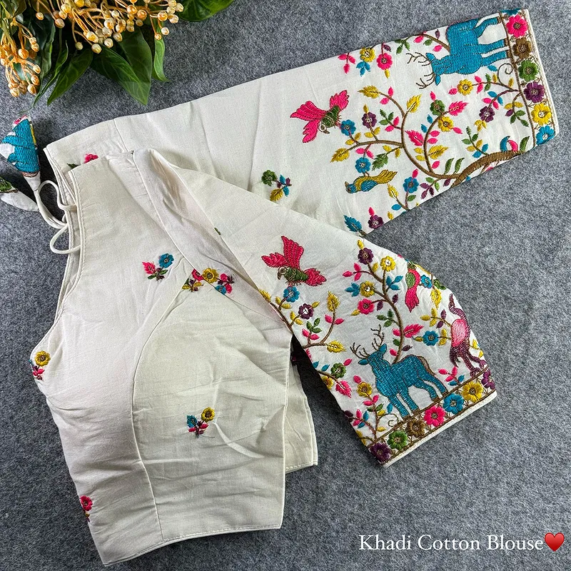 White Heavy Thread Embroidery Work 15+ Inch Sleeves Designer Khadi Blouse