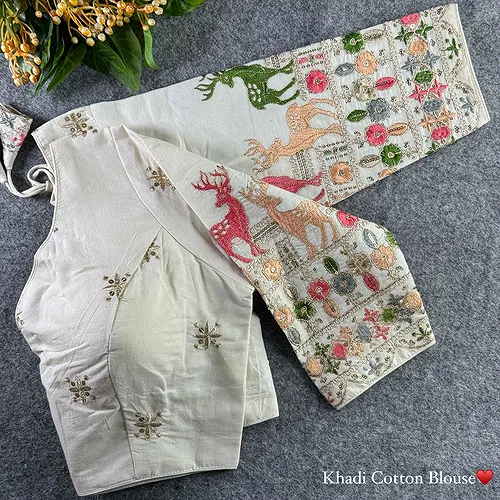 White Heavy Thread Embroidery Work 15+ Inch Sleeves Designer Khadi Blouse