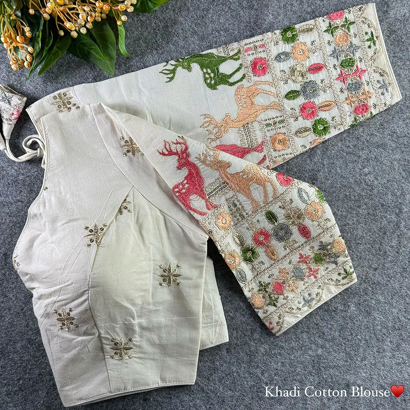 White Heavy Thread Embroidery Work 15+ Inch Sleeves Designer Khadi Blouse