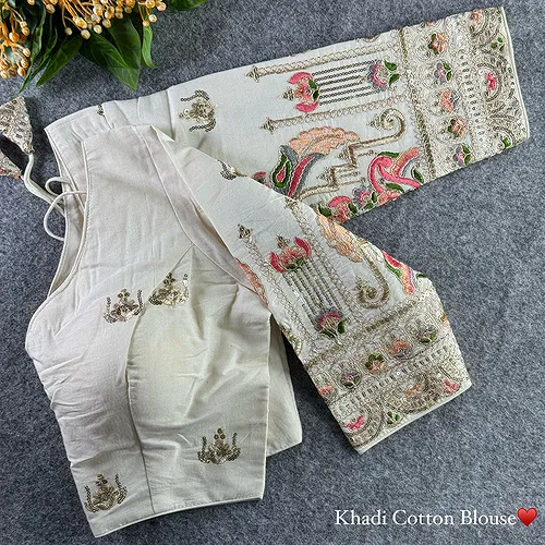White Heavy Thread Embroidery Work 15+ Inch Sleeves Designer Khadi Blouse