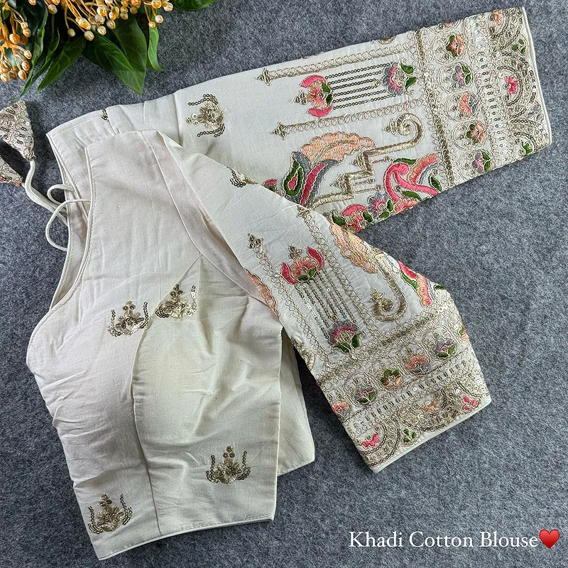 White Heavy Thread Embroidery Work 15+ Inch Sleeves Designer Khadi Blouse
