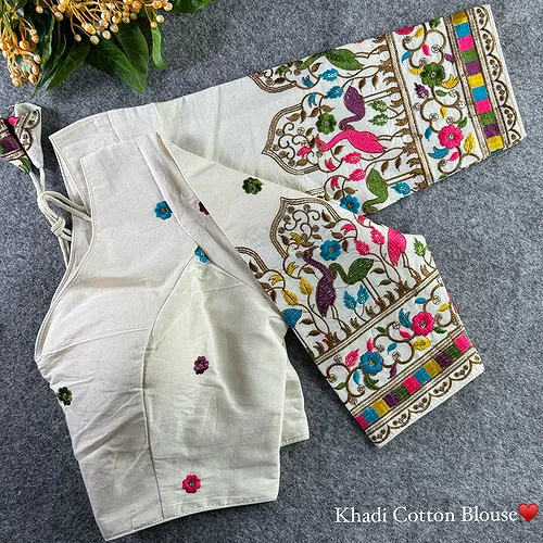 White Heavy Thread Embroidery Work 15+ Inch Sleeves Designer Khadi Blouse