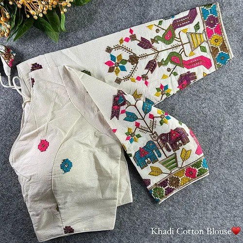 White Heavy Thread Embroidery Work 15+ Inch Sleeves Designer Khadi Blouse