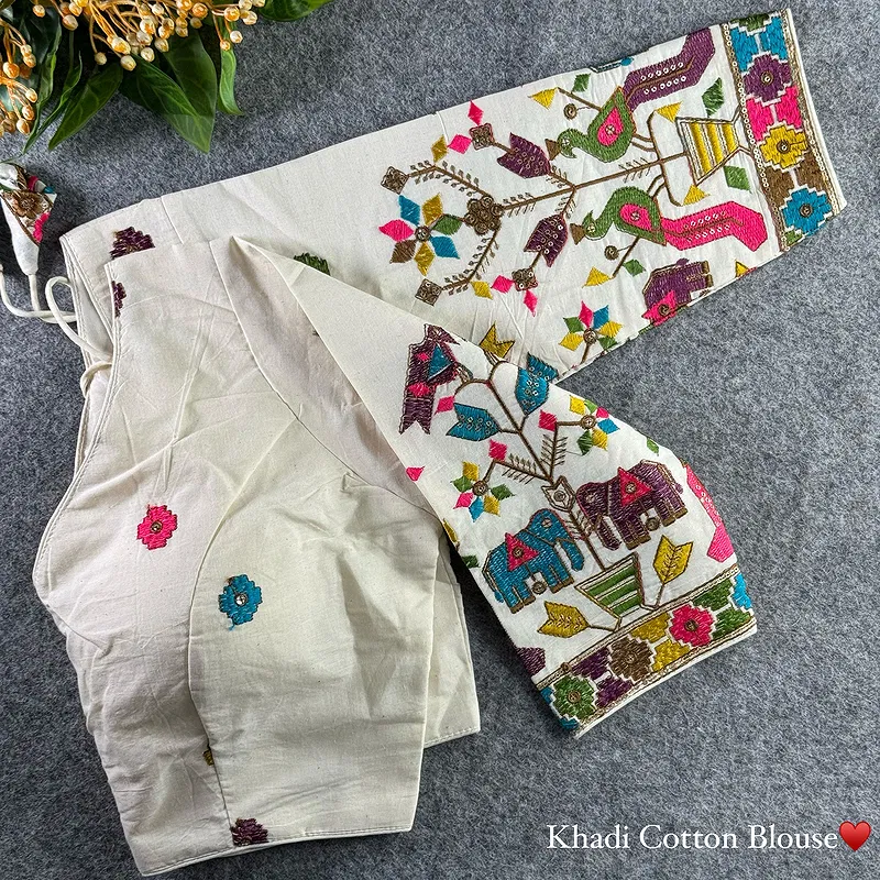 White Heavy Thread Embroidery Work 15+ Inch Sleeves Designer Khadi Blouse
