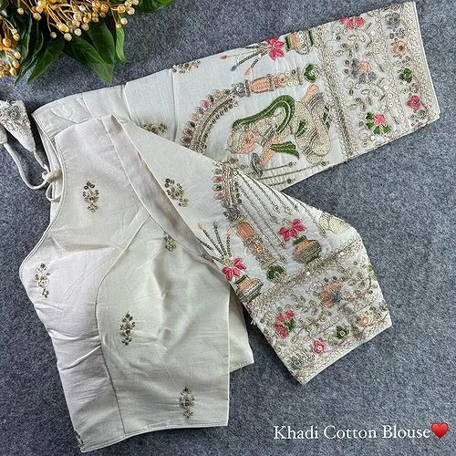 White Heavy Thread Embroidery Work 15+ Inch Sleeves Designer Khadi Blouse