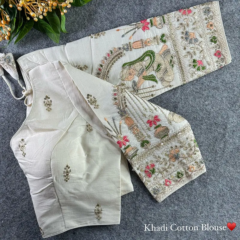 White Heavy Thread Embroidery Work 15+ Inch Sleeves Designer Khadi Blouse